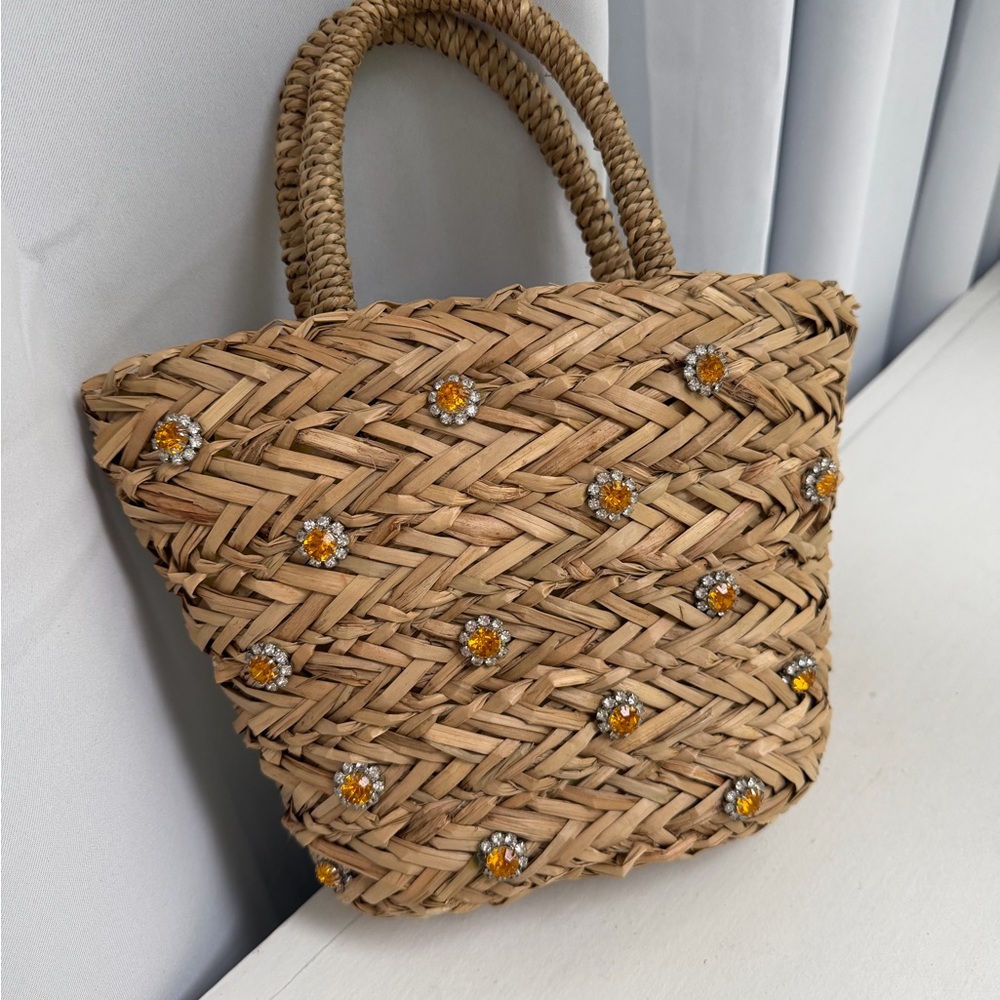 Warehouse x Shrimps. Jeweled Woven Straw Tote Bag with Floral Accents